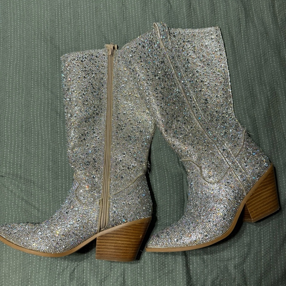Glitter Wide Calf Western Boots - Silver
